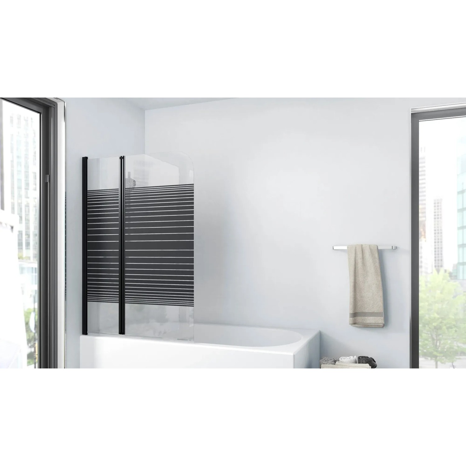 Aurlane Badewannenfaltwand Black Lines, 2-teilig, schwarz, 100x140 cm auf Badewanne montiert.