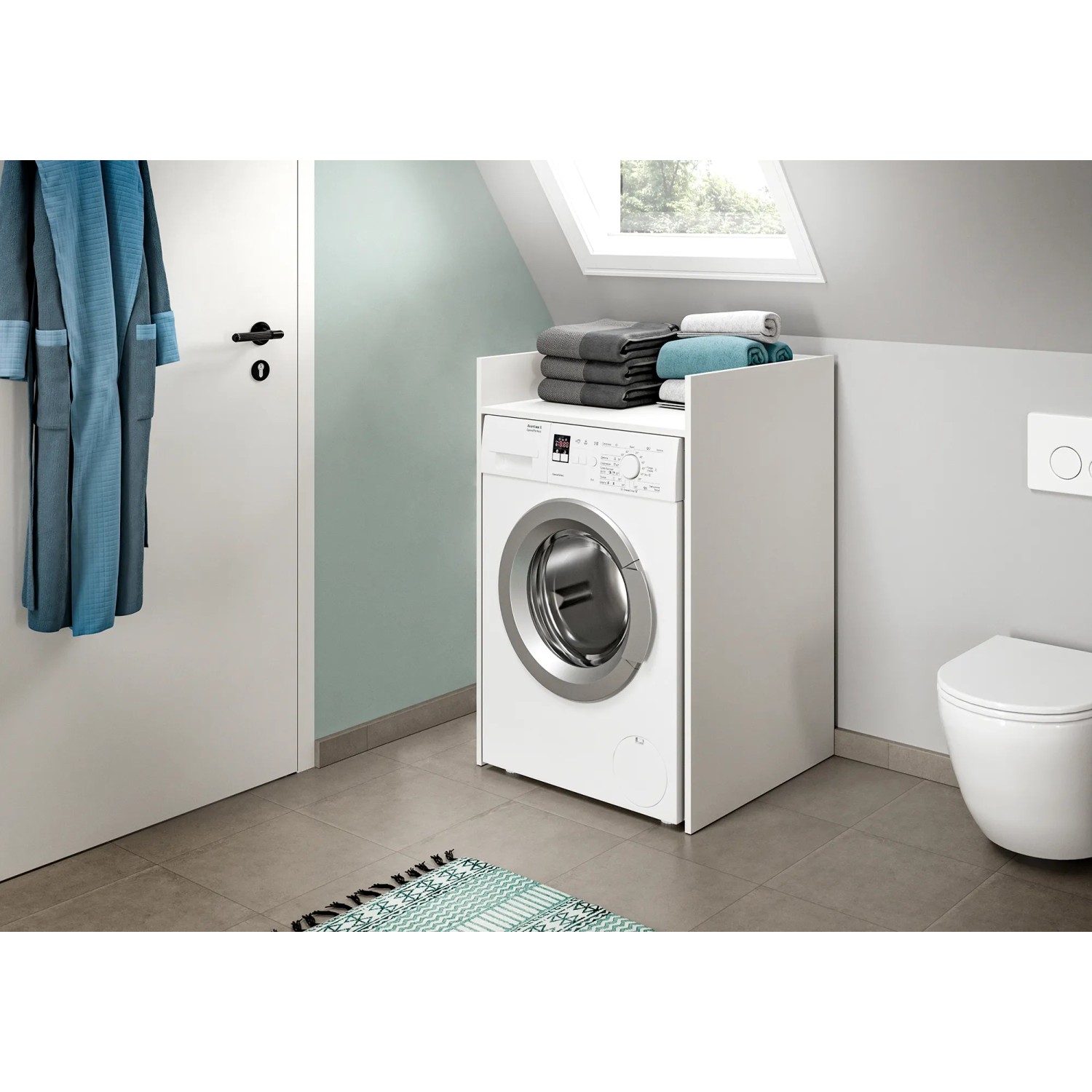 Waschmaschinenumbau Free, weiß, 101x66x60cm, mit Ablage im Badezimmer. Bad-Standregal für mehr Stauraum.