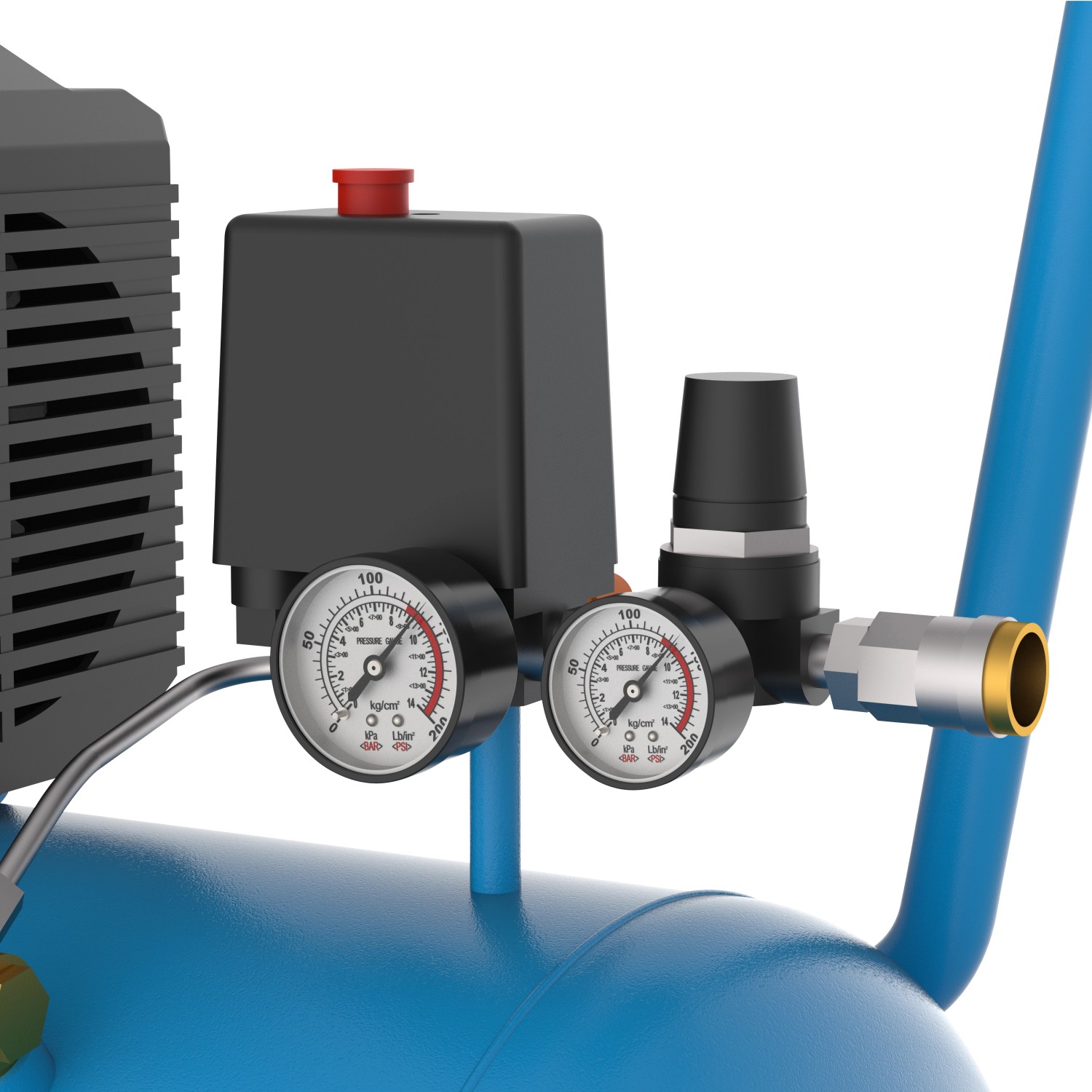 Detailaufnahme: Güde Kompressor 260/10/50 mit Manometer und Druckminderer.