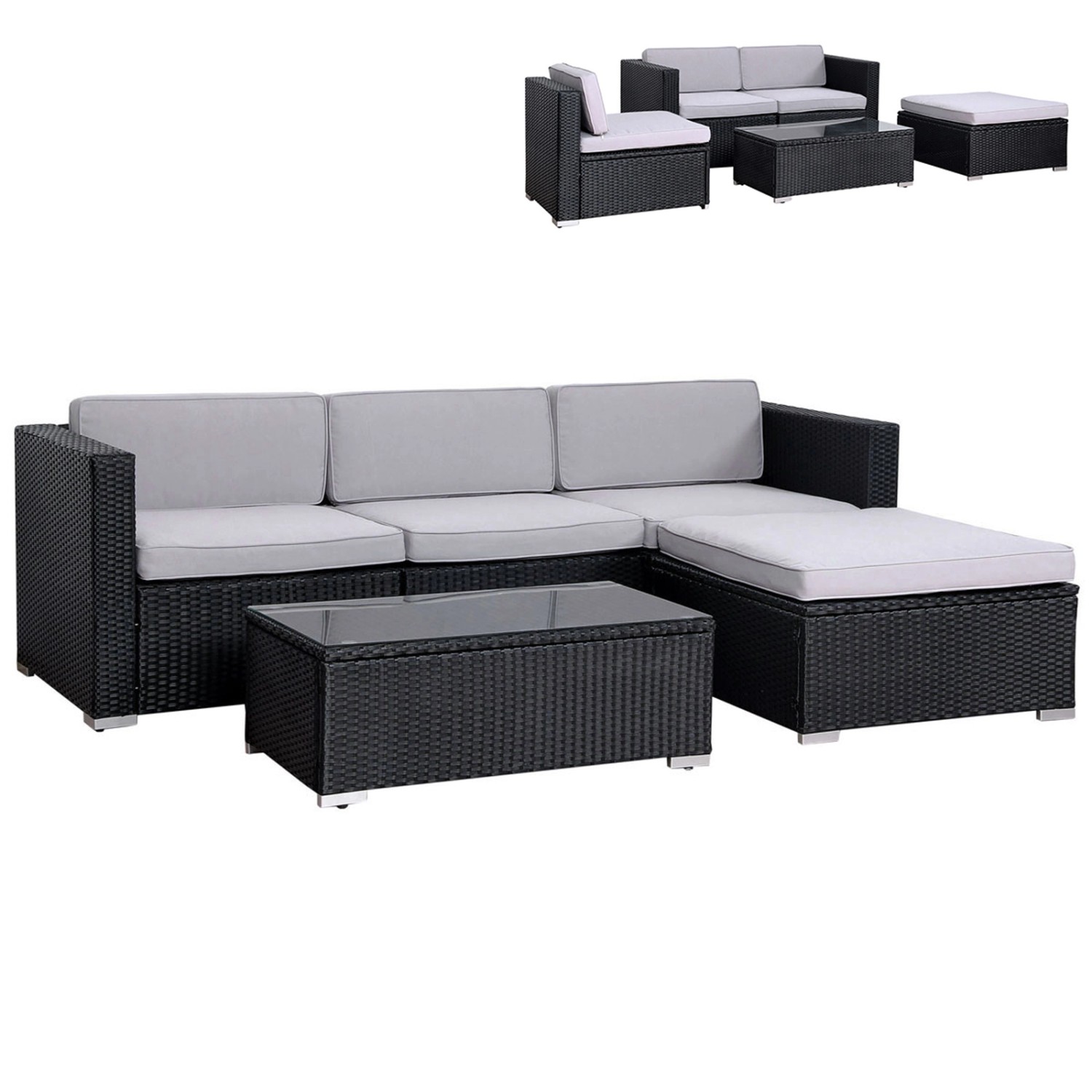 Schwarze Svita California XL Gartenlounge aus Polyrattan mit Sessel, Tisch, Bank und Kissenbox.