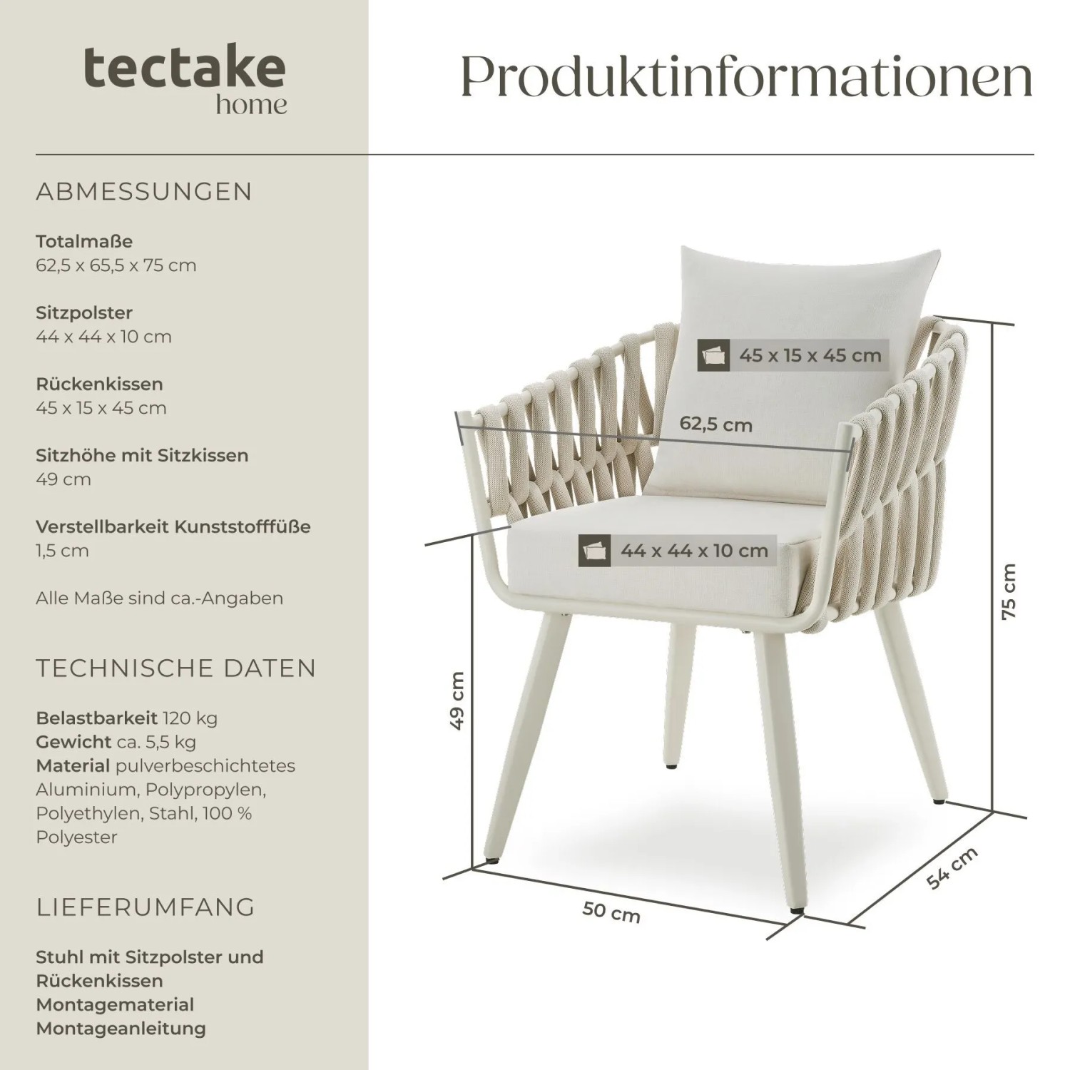 Tectake Aluminium Stuhl Lugano Im Rope Design Wetterfest und Uv Beständig 2Er Set 65 5 x 62 5 x 75 cm Beige_6