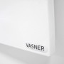 Detailaufnahme: Weiße Vasner Infrarotheizung Citara M Metall, 300 W, mit Markenlogo.