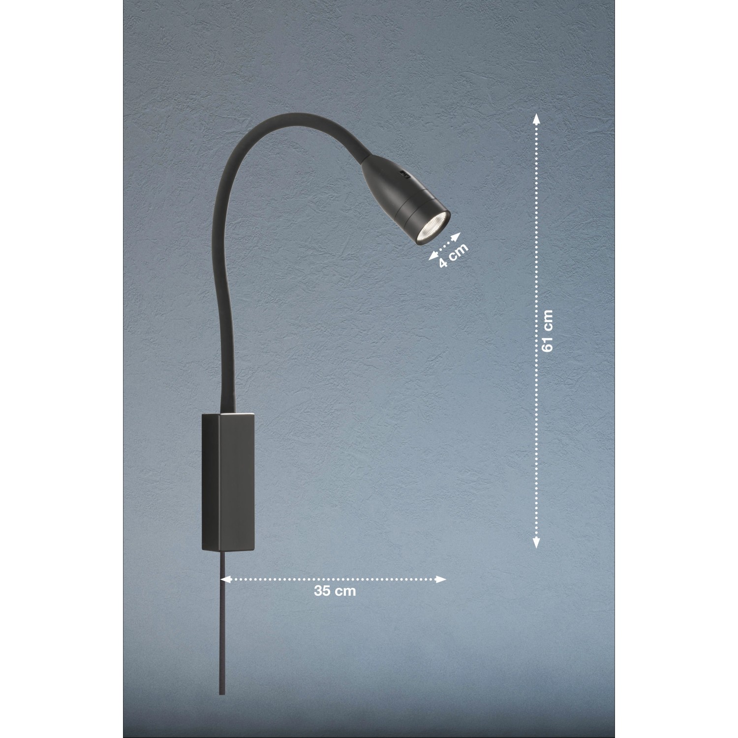 Schwarze LED-Wandleuchte Fischer & Honsel Sten, flexibel, 61 cm hoch, für Schlafzimmer.