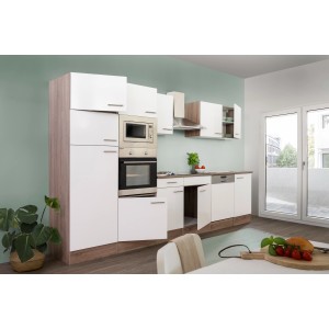 Respekta Küchenzeile KB340EYWMIGKE, 340 cm, Weiß Seidenglanz/Eiche York Nachbildung mit E-Geräten.