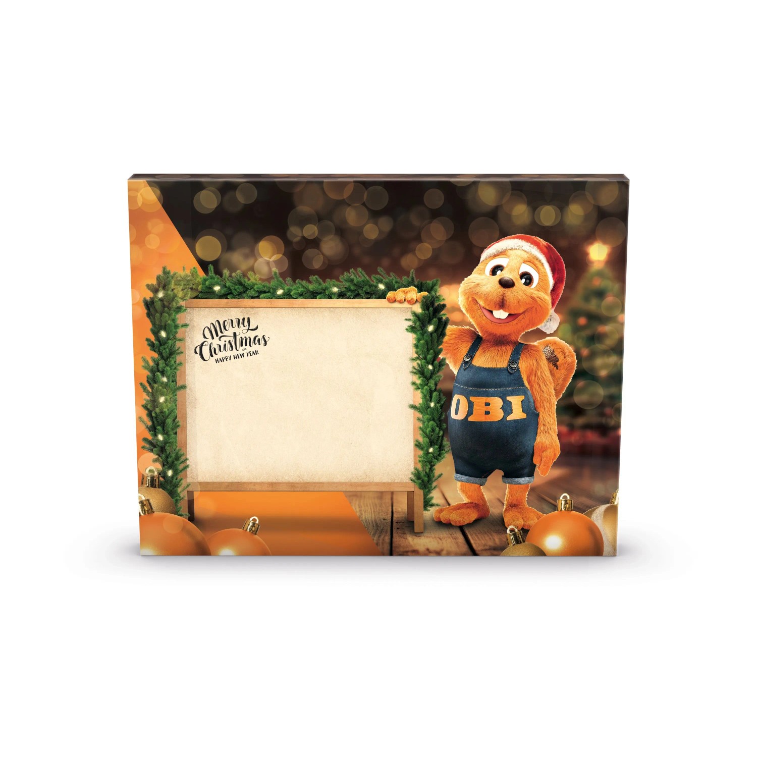 OBI Adventskalender 2026 mit Biber in Weihnachtsmütze, Werkzeug-Set, Tafel "Merry Christmas", festliche Deko.