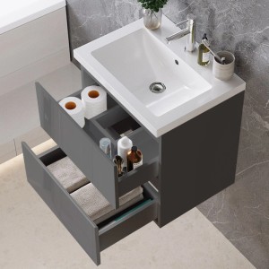 AICA Waschtisch mit Unterschrank, 50 cm, anthrazit hochglanz, mit zwei offenen Schubladen.