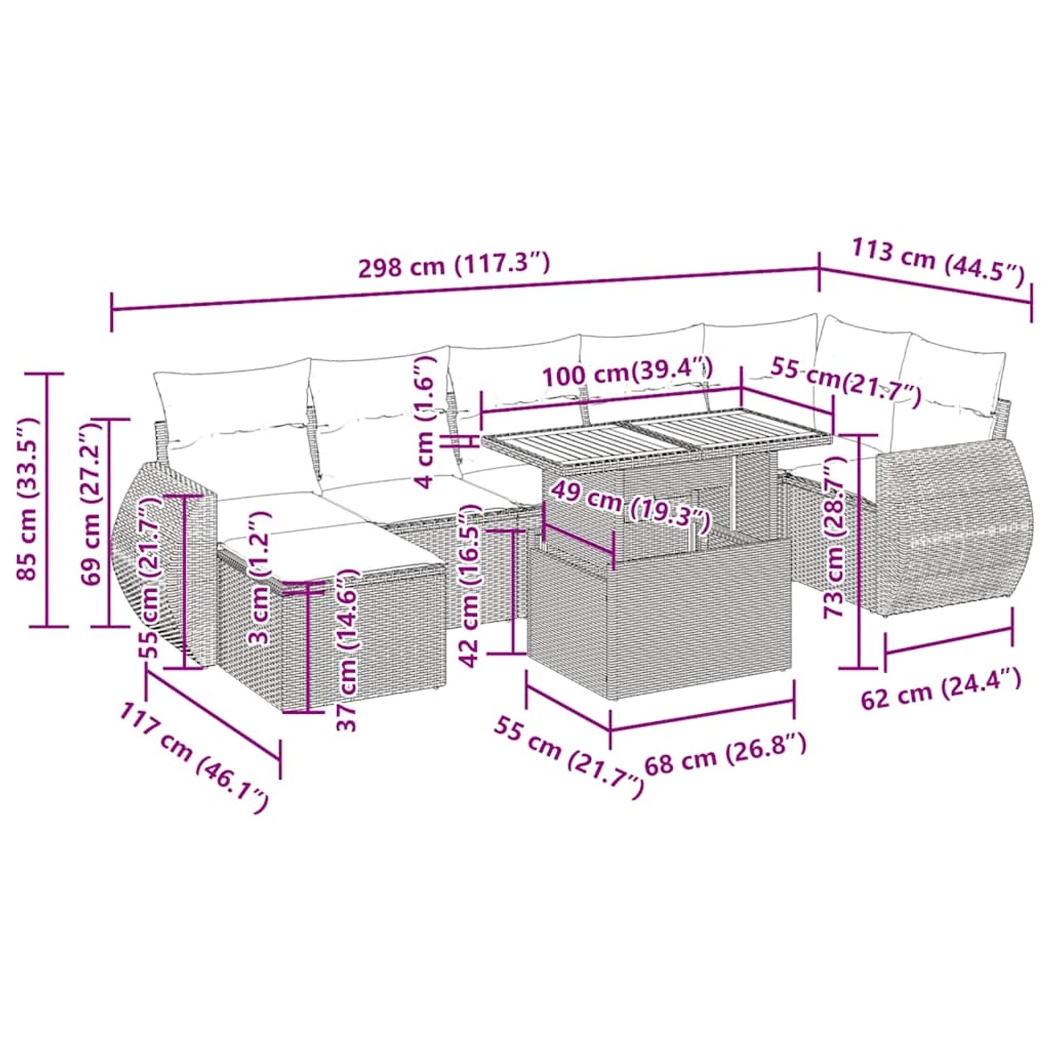 vidaXL 8-tlg. Garten-Sofagarnitur aus Poly Rattan, schwarz, mit Maßen. Ideal für Terrasse und Garten.