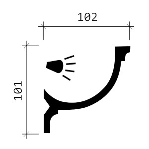 Technische Zeichnung einer flexiblen, weißen PROFHOME Eckleiste (10,2x10,1cm) aus Polyurethan.