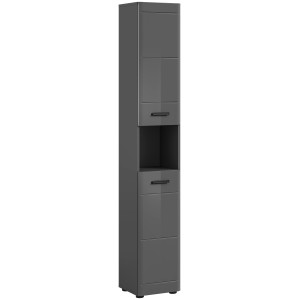 Grauer, schmaler Bad-Hochschrank (30x180x30 cm) mit Hochglanz-Front für mehr Stauraum im Badezimmer.