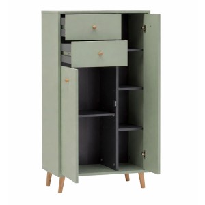 Schildmeyer Highboard Bjarne pistazie. Modernes Möbel mit 2 Türen, 2 offenen Schubladen, Eichenholzgriffen und -füßen für Stauraum.