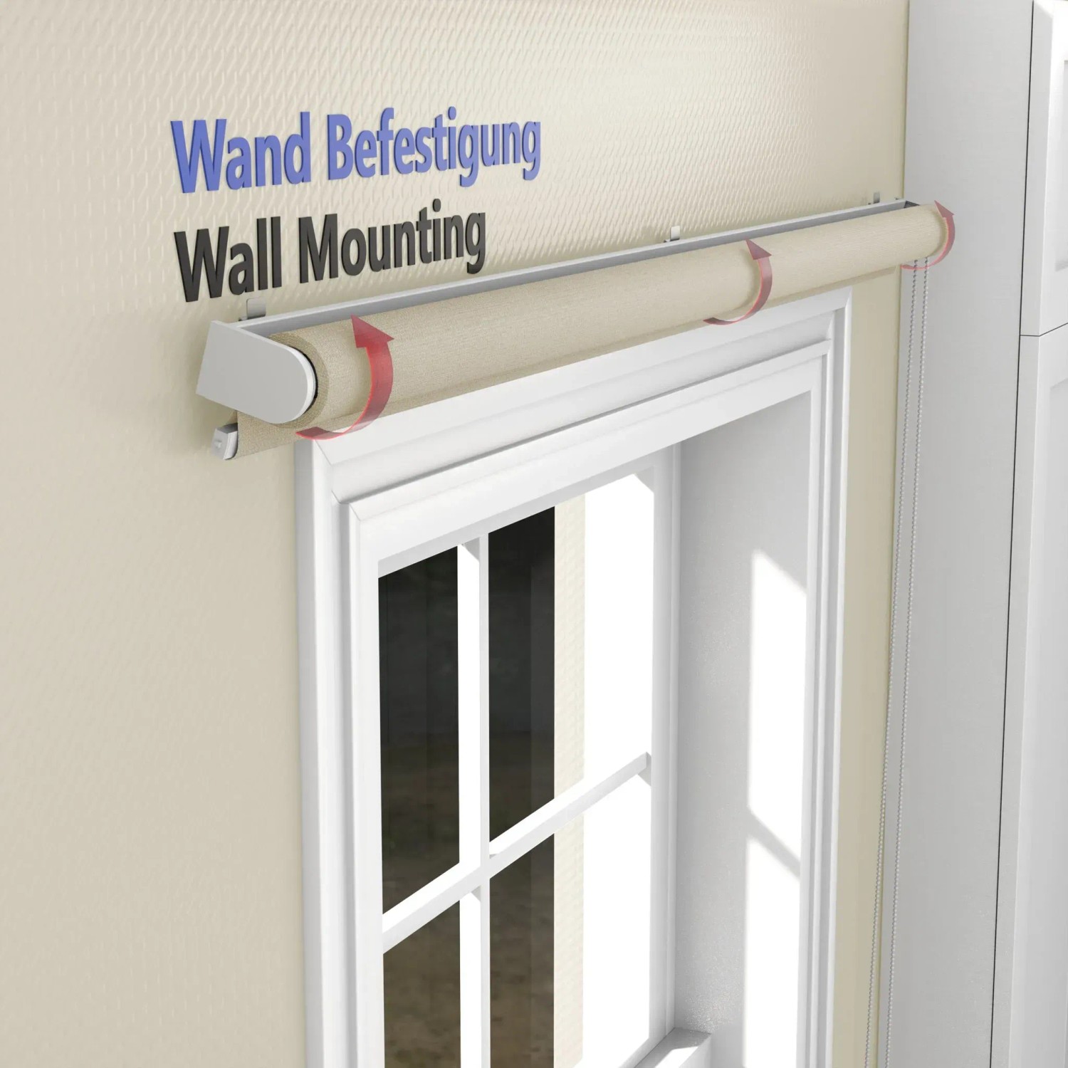 Beiges Tageslicht-Rollo Basic GL an der Wand über einem Fenster montiert. Rollmechanismus und Wandbefestigung sichtbar.