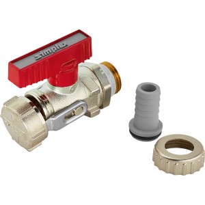 KFE Ventil Durchgang PN 16, 21 mm (G 1/2) mit rotem Griff, Fitting und Mutter für Heizungsinstallation.