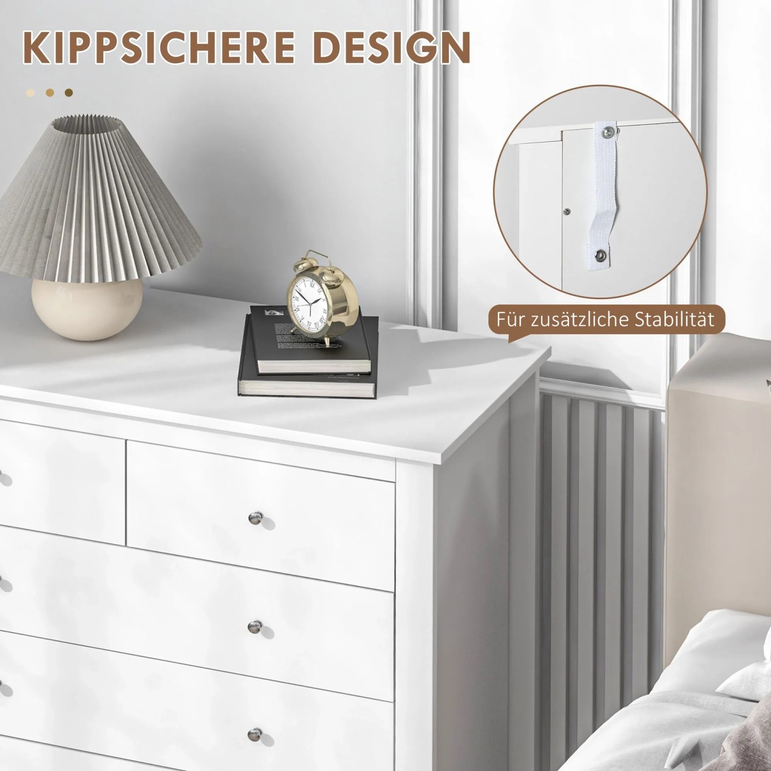 Weiße HOMCOM Kommode mit Kippschutz für zusätzliche Stabilität. Detailansicht des Befestigungsbands.