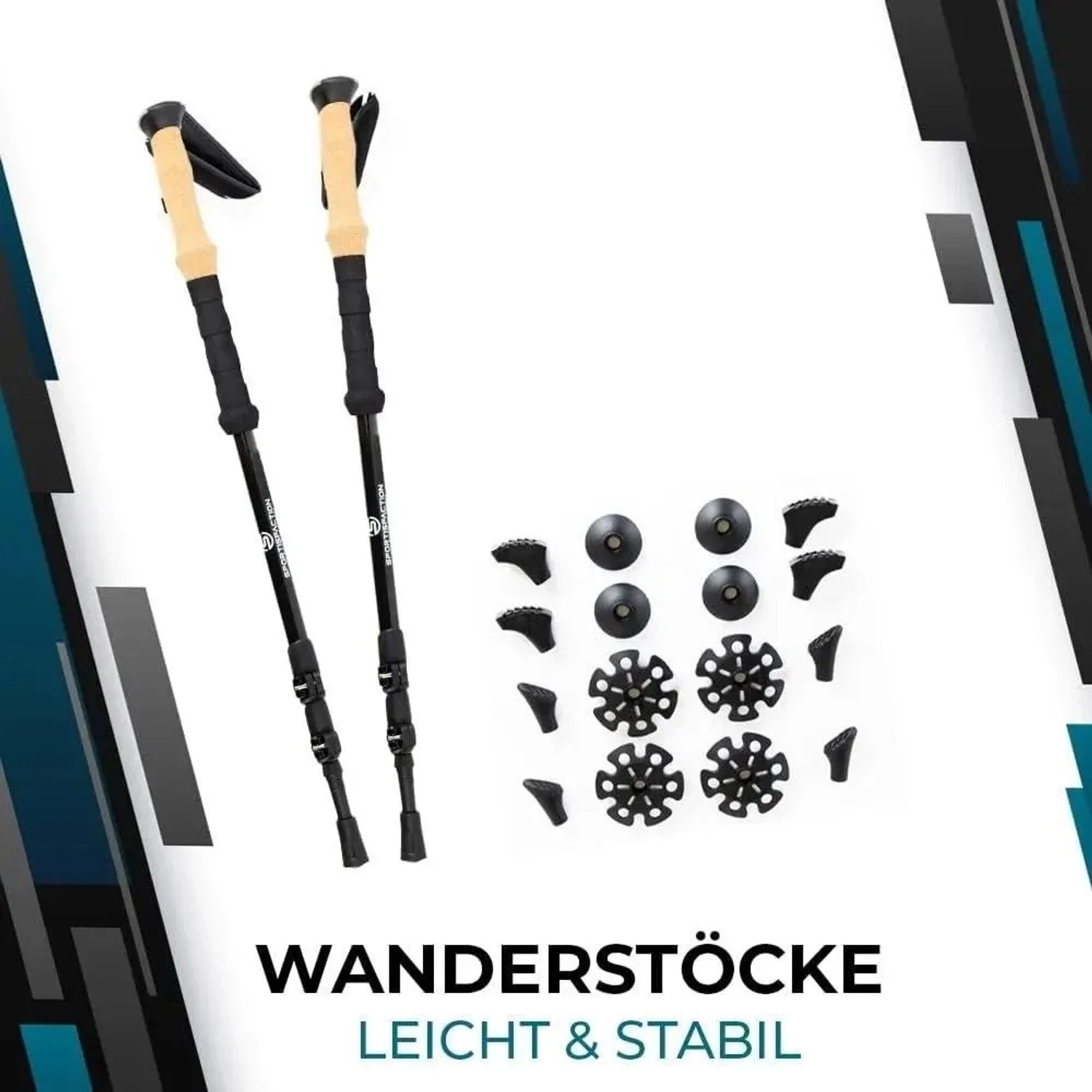 Sportisfaction Carbon Wanderstöcke mit Zubehör, leicht und stabil für Trekking und Outdoor.