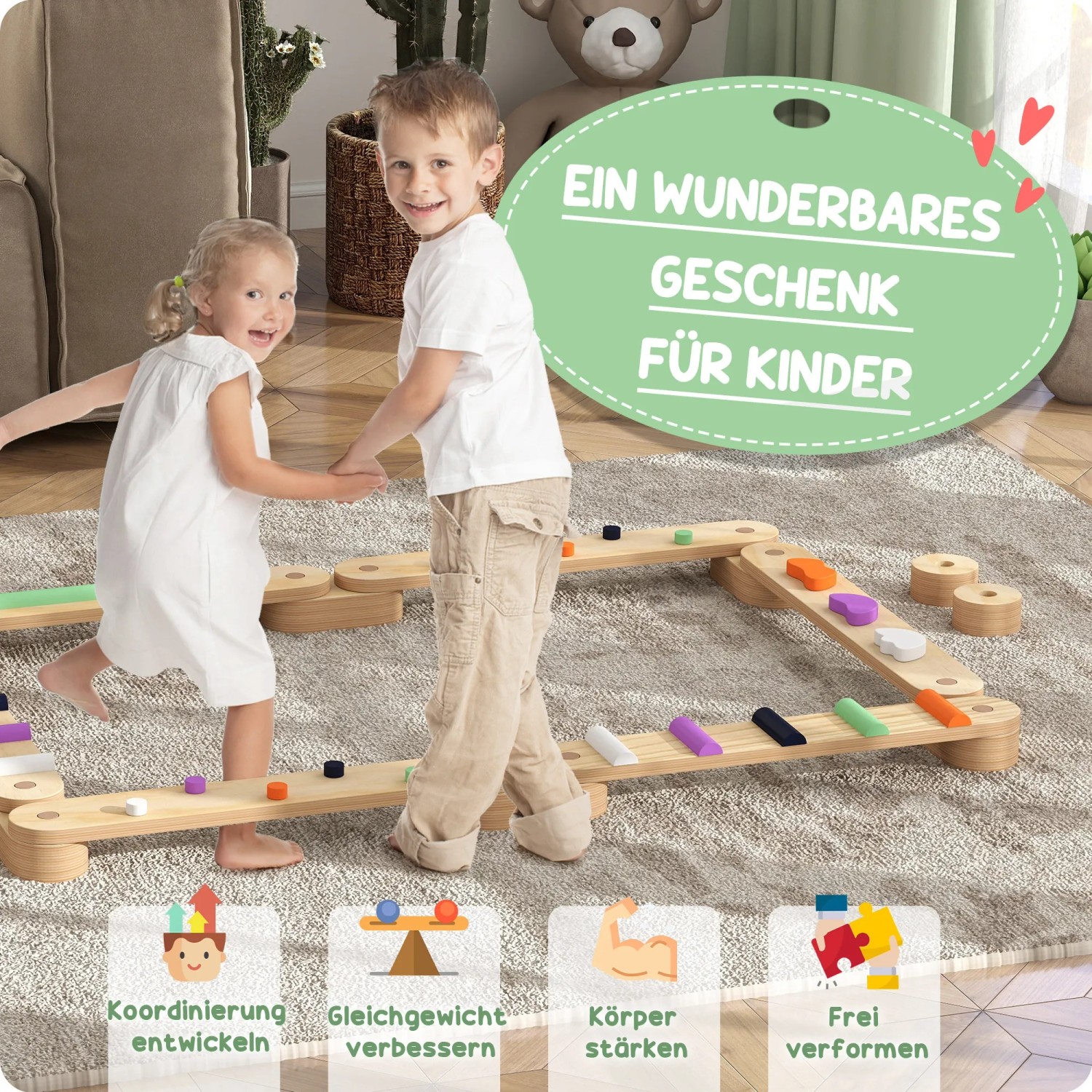 Kinder balancieren auf dem AIYAPLAY Balancierbalken aus Holz mit bunten Balanciersteinen.