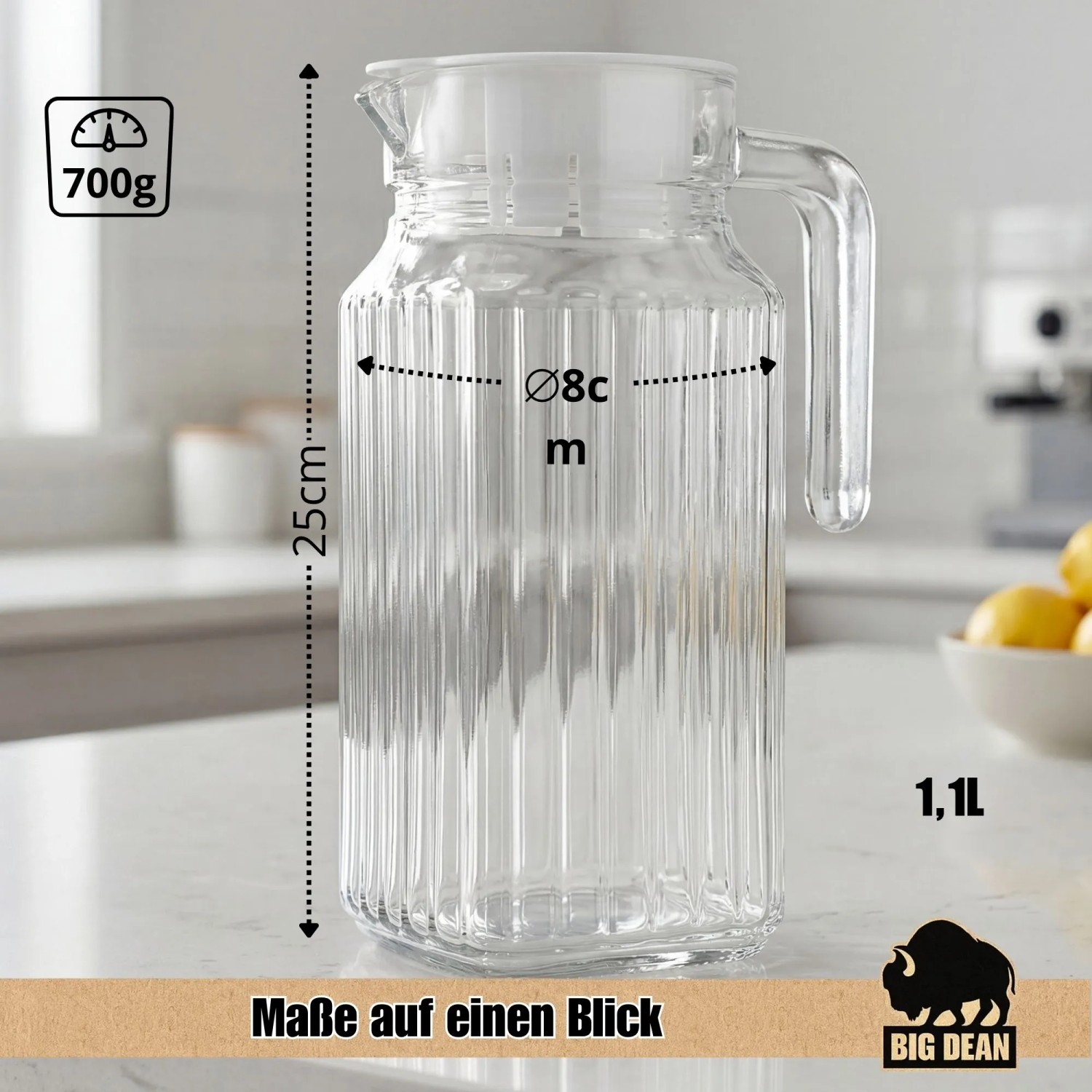 BigDean 2 Stück Kühlschrankkrug 1,1 Liter Glas Wasserkrug mit Deckel Ergonomischer Griff_3