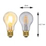 Satisfire Illu-Partylichterkette: Zwei E27 Filament LED Lampen, eine klar, eine goldfarben, mit Maßangaben.