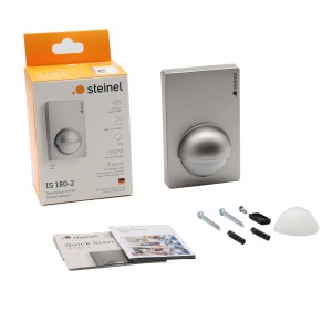 Steinel Bewegungsmelder IS 180-2 in Silber, 180° Erfassungswinkel, mit Zubehör und Verpackung.