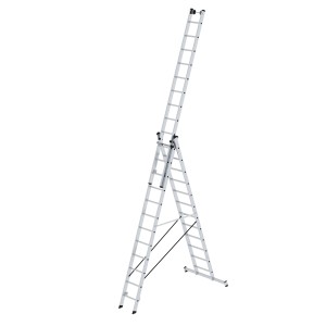 3-teilige PROREGAL Mehrzweckleiter mit Traverse und Rollen, als Anlege-, Steh- oder Schiebeleiter nutzbar.