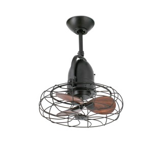 Brauner FARO Deckenventilator Keiki mit dunklen Holzflügeln und Käfig, inklusive Wandschalter.