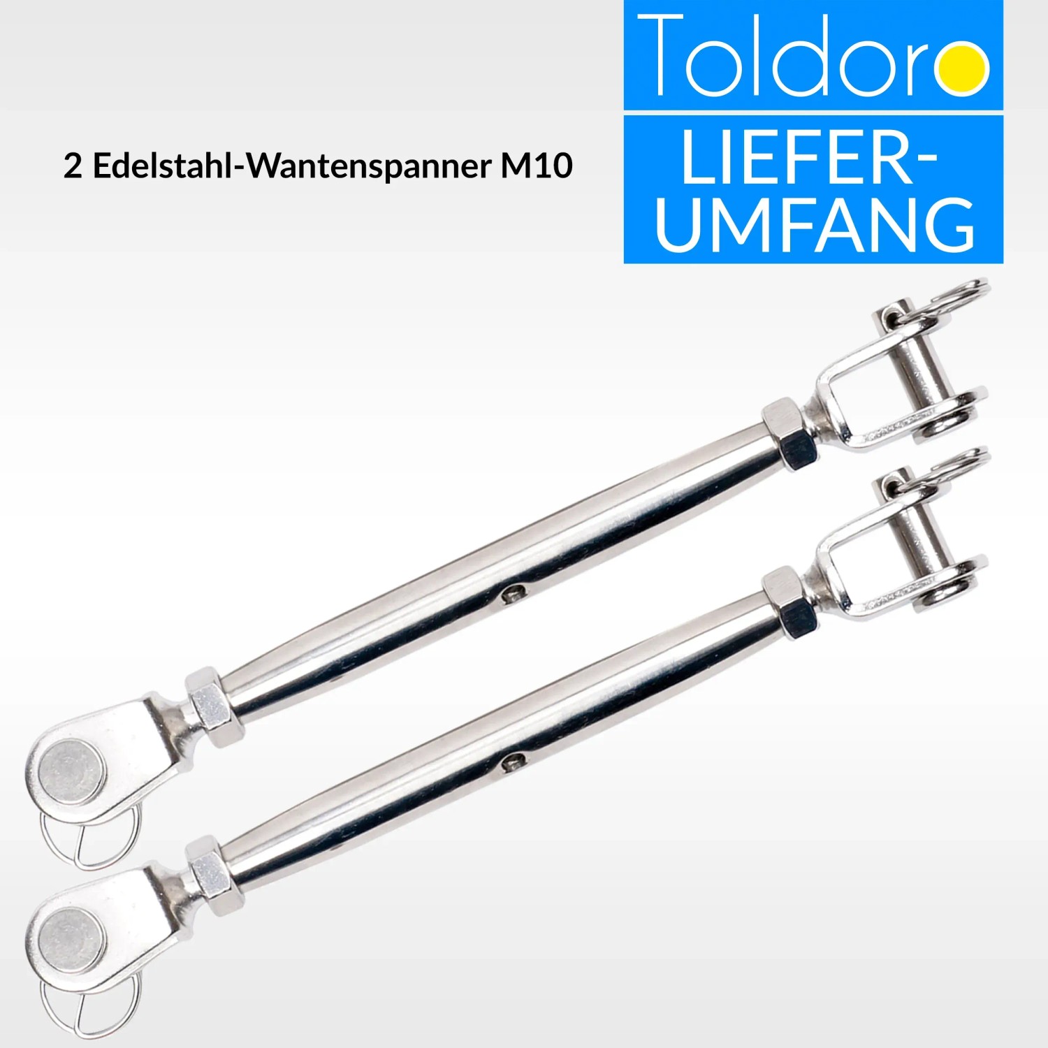 2 Toldoro M10 Wantenspanner aus rostfreiem Edelstahl V4A mit Gabel-Gabel-Enden.