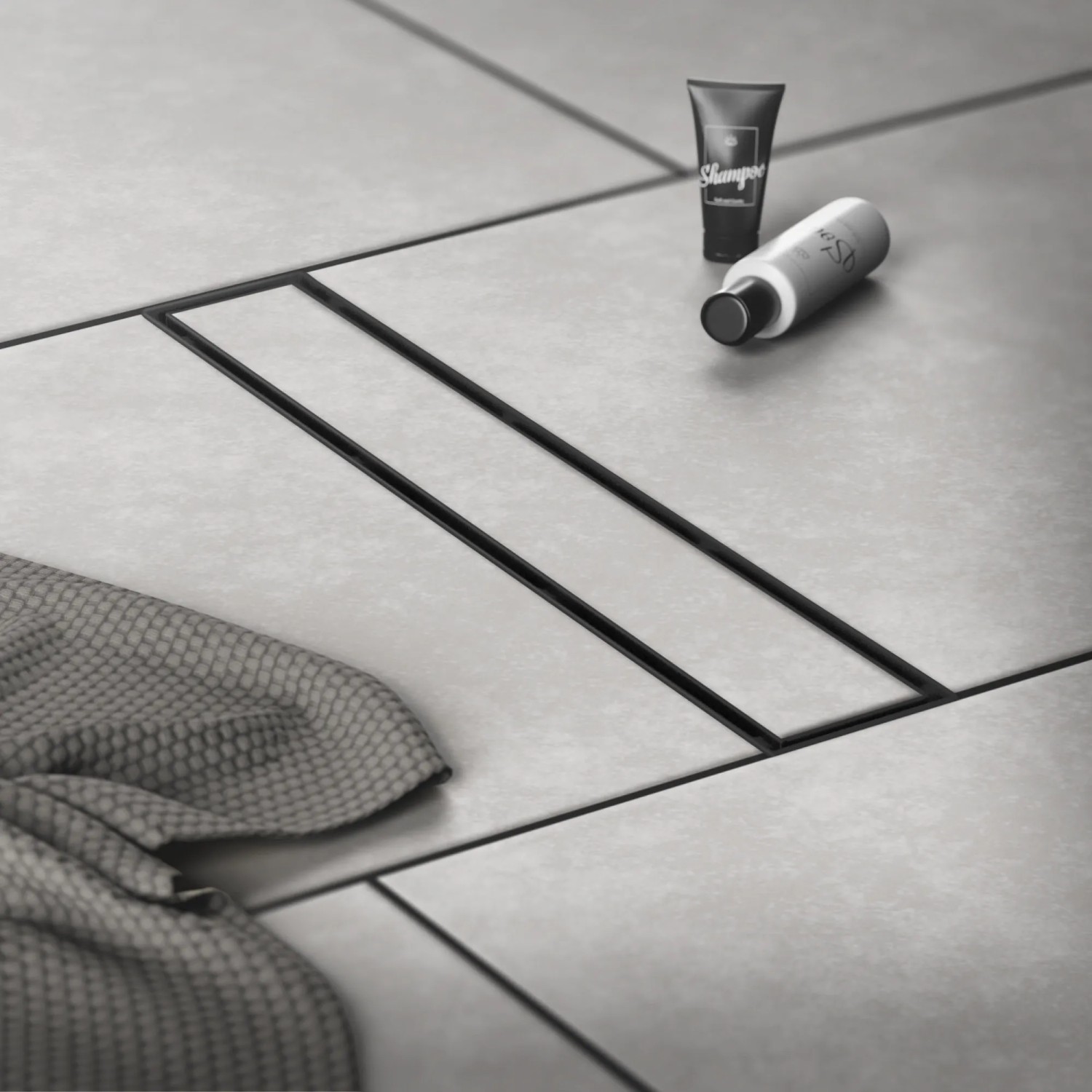 Schwarze LuxeBath Duschrinne, 60 cm, befliesbar, extra flach, aus Edelstahl. Duschzubehör.