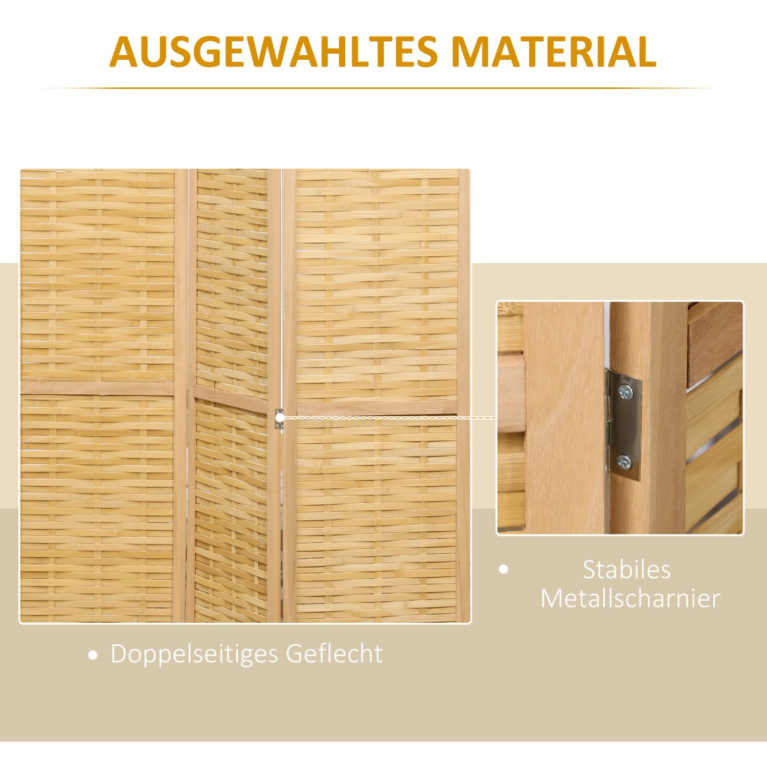 HOMCOM Paravent, 3-teilig, aus Bambus, naturfarben, mit Metallscharnier.