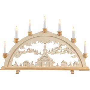 HGD Lichterbogen Seiffener Kirche, 7-flammig, aus Holz mit warmweißem Licht. Weihnachtsdekoration für Innen.