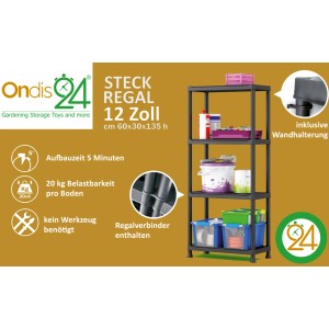 Ondis24 Kunststoffregal, Steckregal, Schwerlastregal, 60x30x135 cm, mit 4 Böden und Wandhalterung.