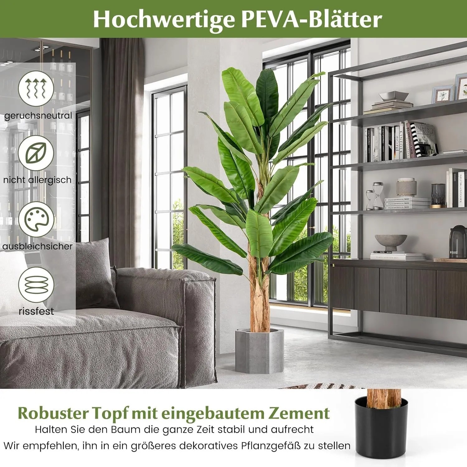 Costway 195 cm Kunstpflanze Tropische Palme mit grünen PEVA-Blättern im grauen Topf, als Wohnzimmer-Deko.