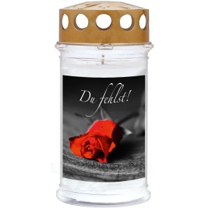 Motiv-Grablicht Ambrosius mit roter Rose und dem Schriftzug 'Du fehlst!' für 5 Tage Brenndauer.