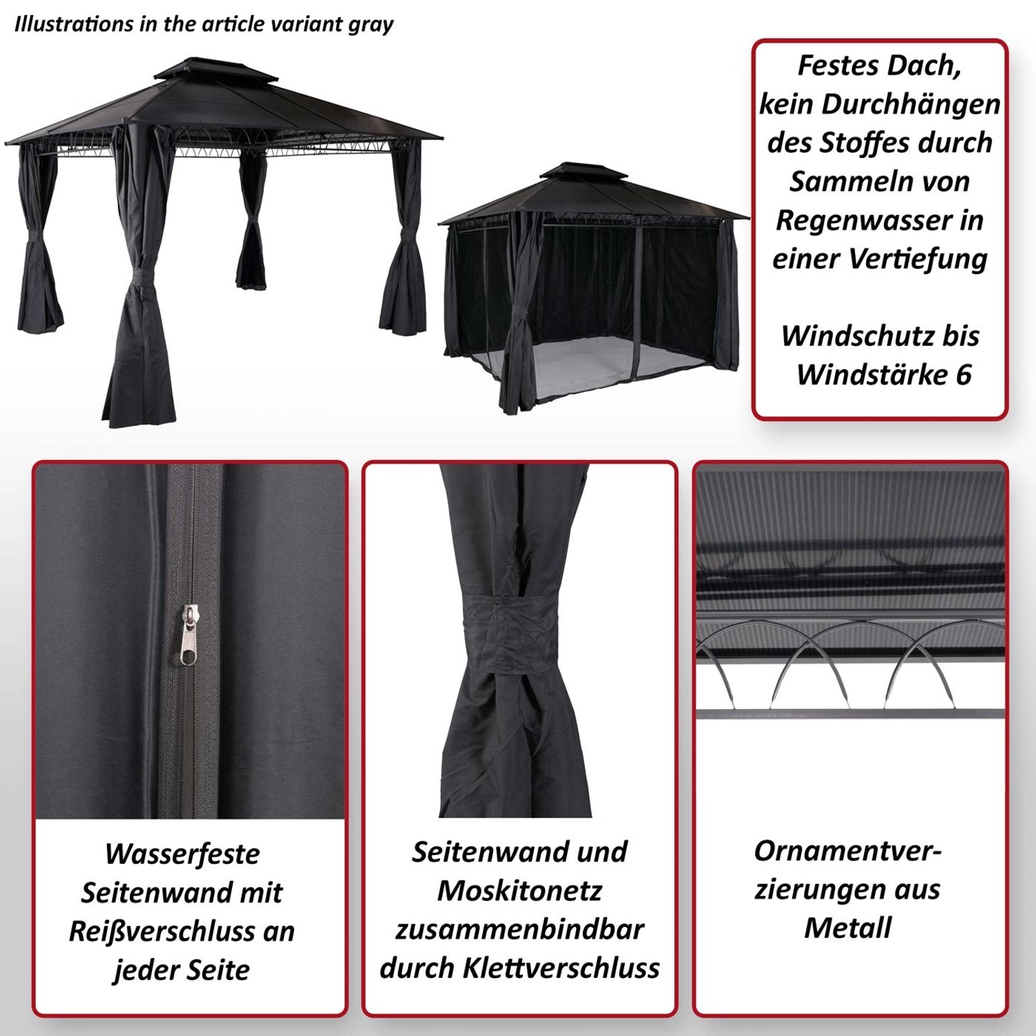 Graue MCW Hardtop Pergola M81 3,6x3m mit festem Dach, Seitenwänden und Moskitonetz Details.