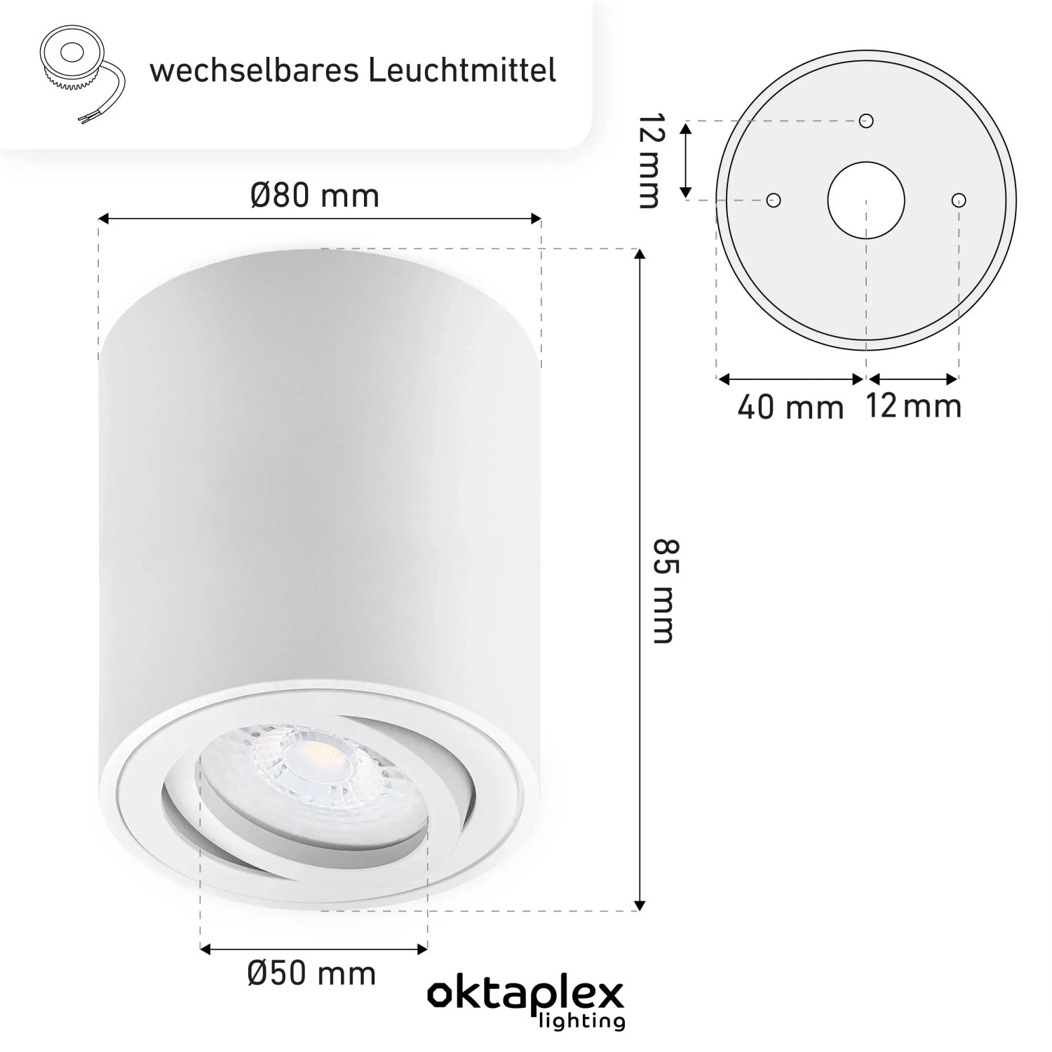 Detailansicht Oktaplex Aufbauspot Lile M, weiß, mit Maßangaben. Ideal als Deckenstrahler.