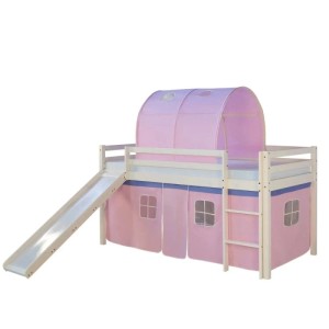 Weißes Kinderhochbett 90x200 mit Rutsche, Leiter, rosa Vorhang und Spieltunnel.