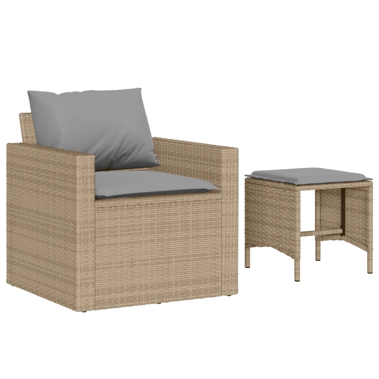 Beige 4-tlg. Garten-Sofagarnitur aus Polyrattan mit Sessel, Hocker und grauen Kissen.