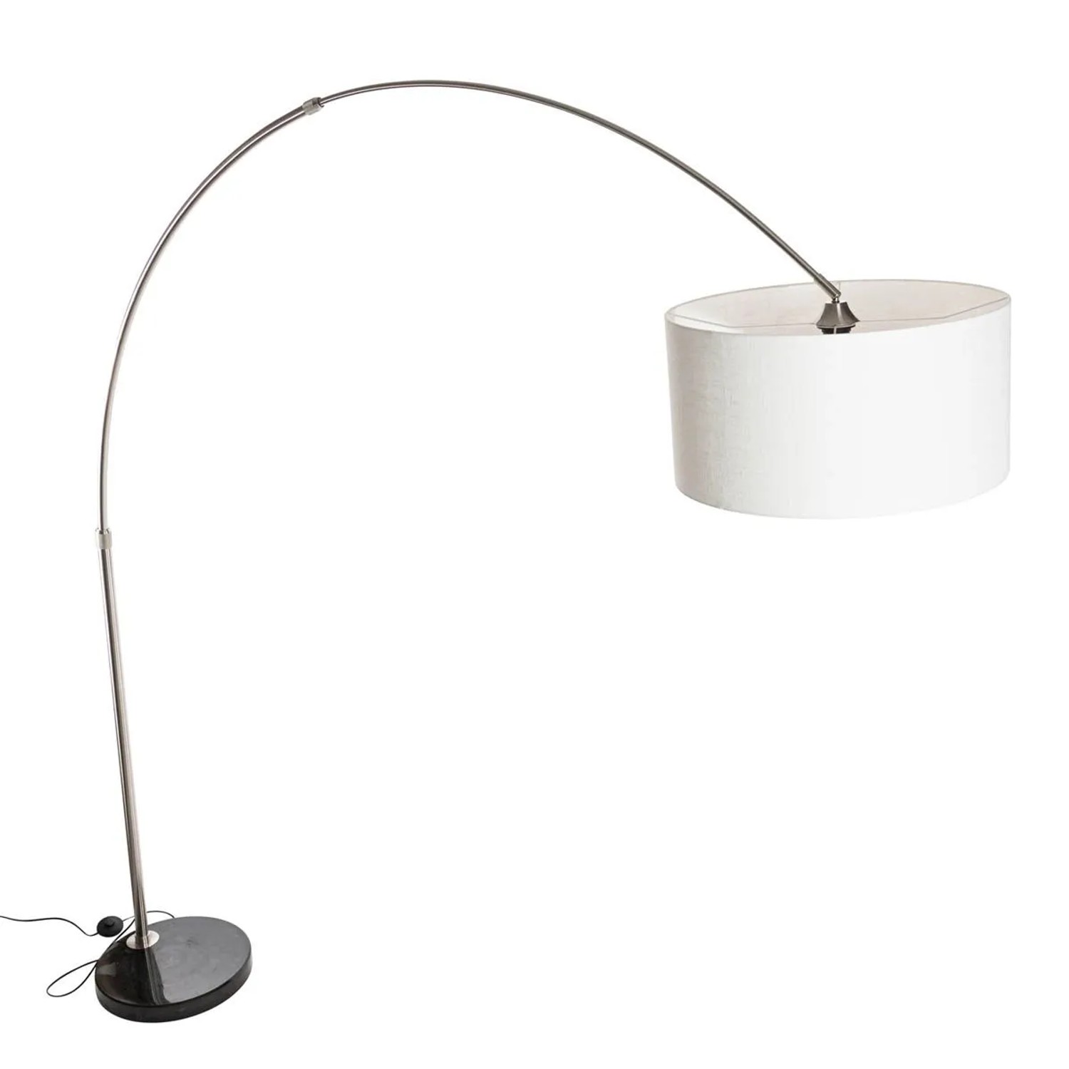QAZQA Bogenlampe mit weißem Stoffschirm (Ø50cm). Innenleuchte mit Stahlgestell und Marmorfuß.