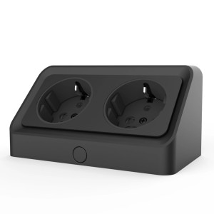 Schwarze, angewinkelte kalb Avena Steckdose mit 2 Ausgängen und Bohrschablone für Elektroinstallation.