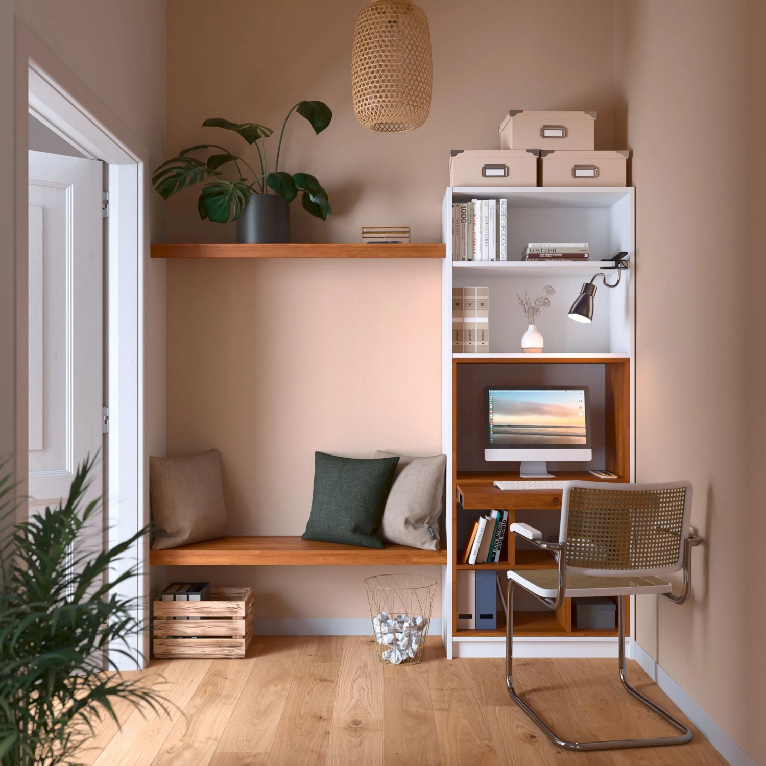 Wohnraum in Jesper Sandbeige mit CREATE! Wandfarbe, Regalen und Sitzbank.