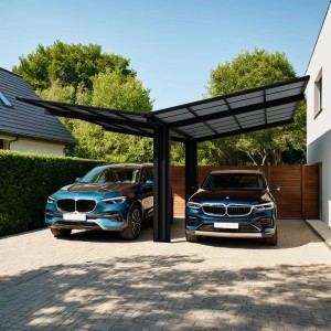 Ximax Alu Doppelcarport Linea, schwarze Ausführung mit zwei geparkten Autos.