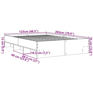 Bettgestell Räuchereiche 120x200 cm aus Holzwerkstoff mit Lattenrost und offenen Fächern.