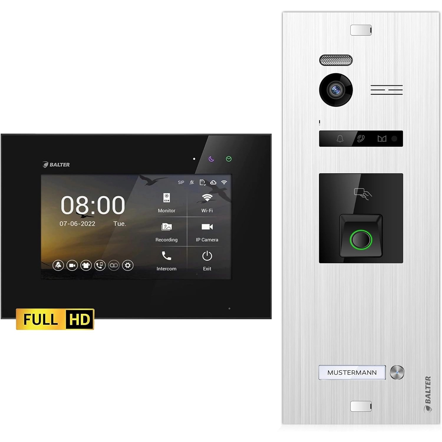 Balter EVO-HD Video-Türsprechanlage mit Fingerprint für Einfamilienhaus mit 1x 7 Zoll Monitor Silber-Schwarz
