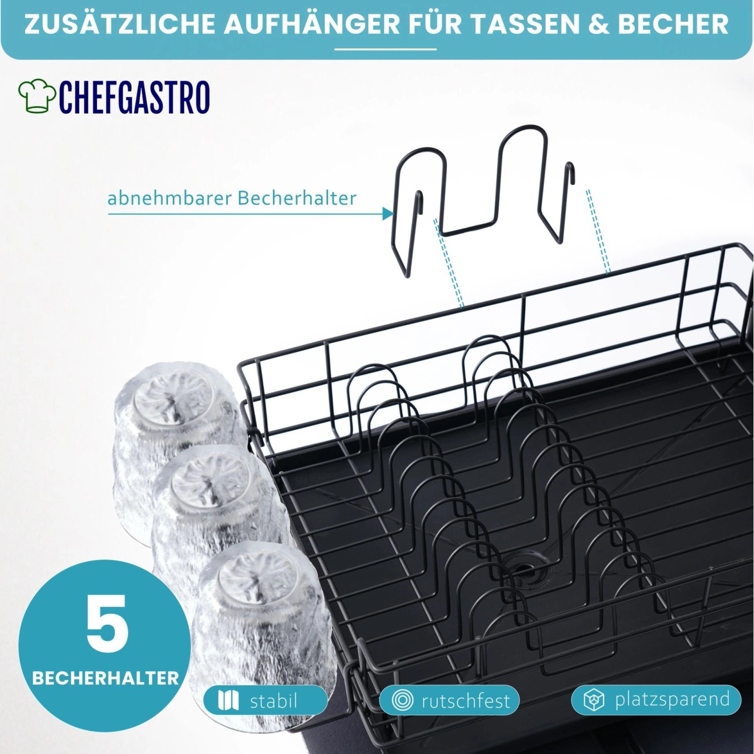 CHEFGASTRO Abtropfgestell Geschirr 15x42x31cm Stahl Mit Besteckhalter Tassenhalter Drehbarem Wasserablauf Abtropfbrett & Trockenmatte_4
