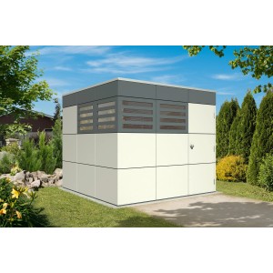 Modernes Skan Holz Gartenhaus Sydney in Telegrau, 253x253 cm, mit Flachdach und Lüftungsgittern.