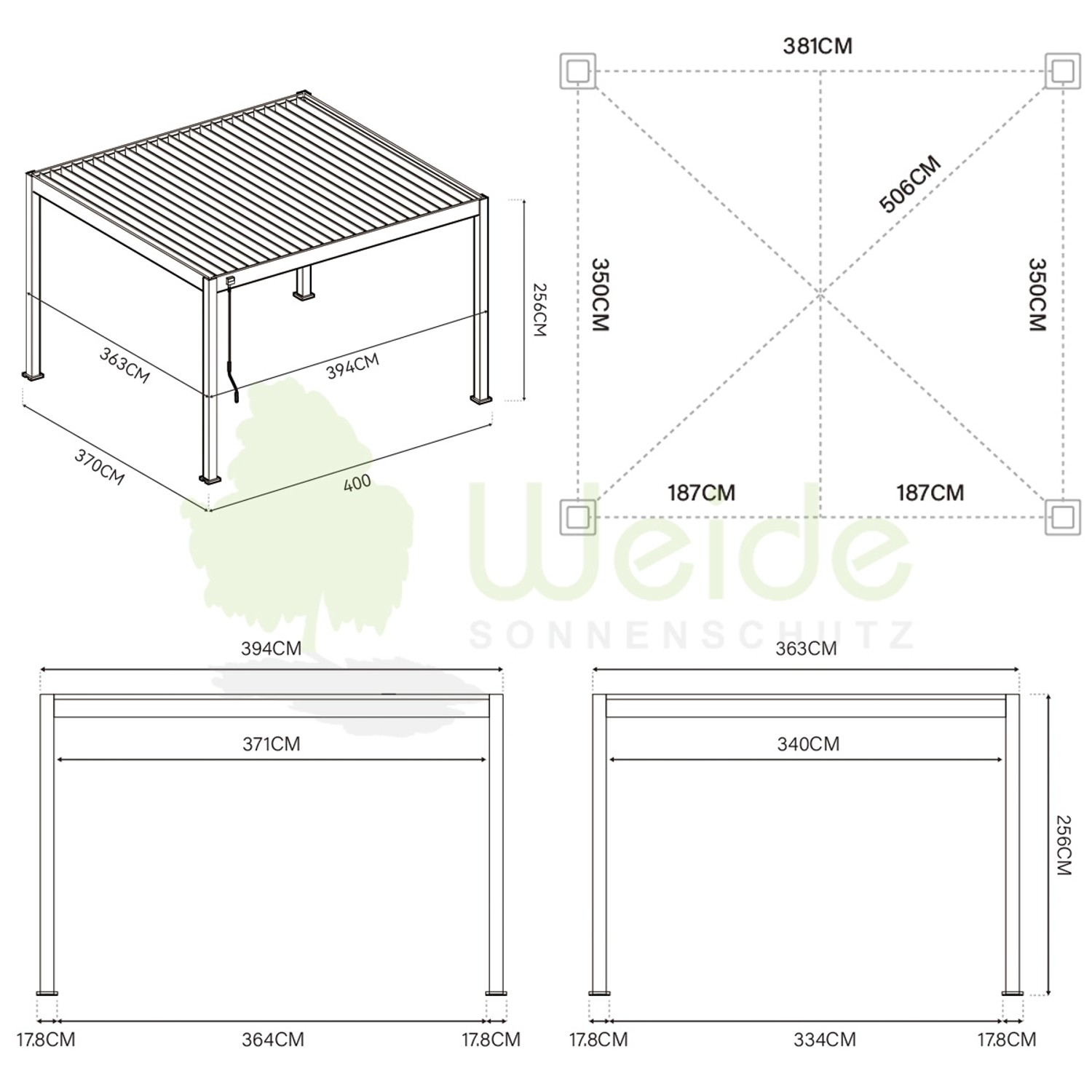 Skizze der Weide Deluxe Aluminium Pergola 3,6x4m mit Maßen für Fundament und Aufbau.