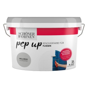 Schöner Wohnen pep up Fliesenfarbe Hellgrau, 1L-Eimer. Renovierfarbe für Wandfliesen.