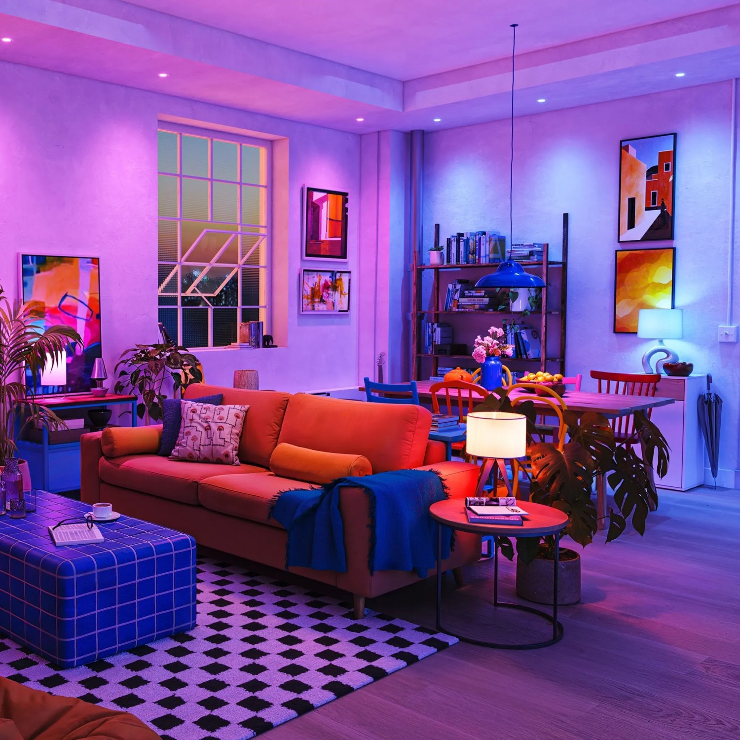 Modernes Wohnzimmer mit farbiger RGB Smart Beleuchtung in Lila und Blau, schafft gemütliche Atmosphäre.