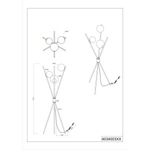 Skizze der Trio Leuchten Stehlampe Lance, Dreibein in Schwarz matt mit Glaskugeln.