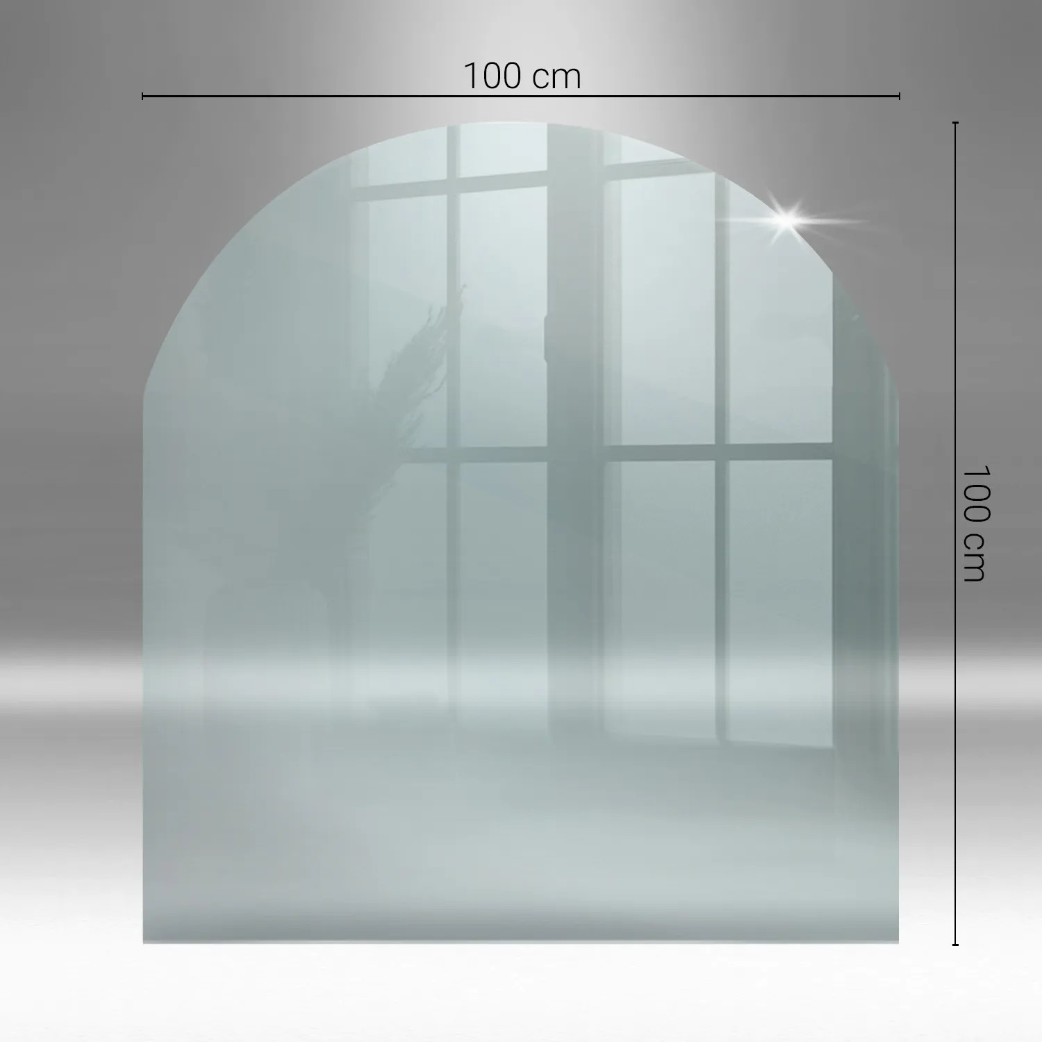 Transparente, halbkreisförmige Glasplatte 100x100 cm für Kaminöfen als Funkenschutz.