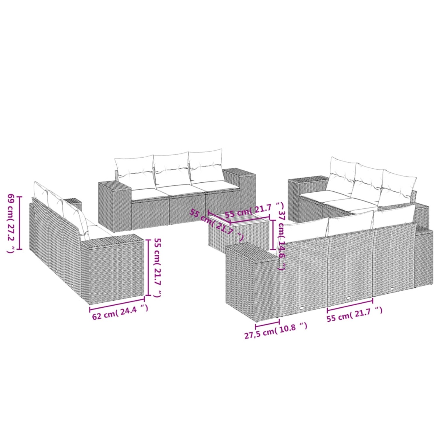 vidaXL Garten-Sofagarnitur, 13-teilig, schwarz, Poly Rattan mit Kissen. Gartenmöbel-Set mit Tisch und Sofas.