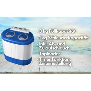 Steinborg Mini-Waschmaschine für Camping, blau-weiß, 3 kg Füllmenge, Toploader.